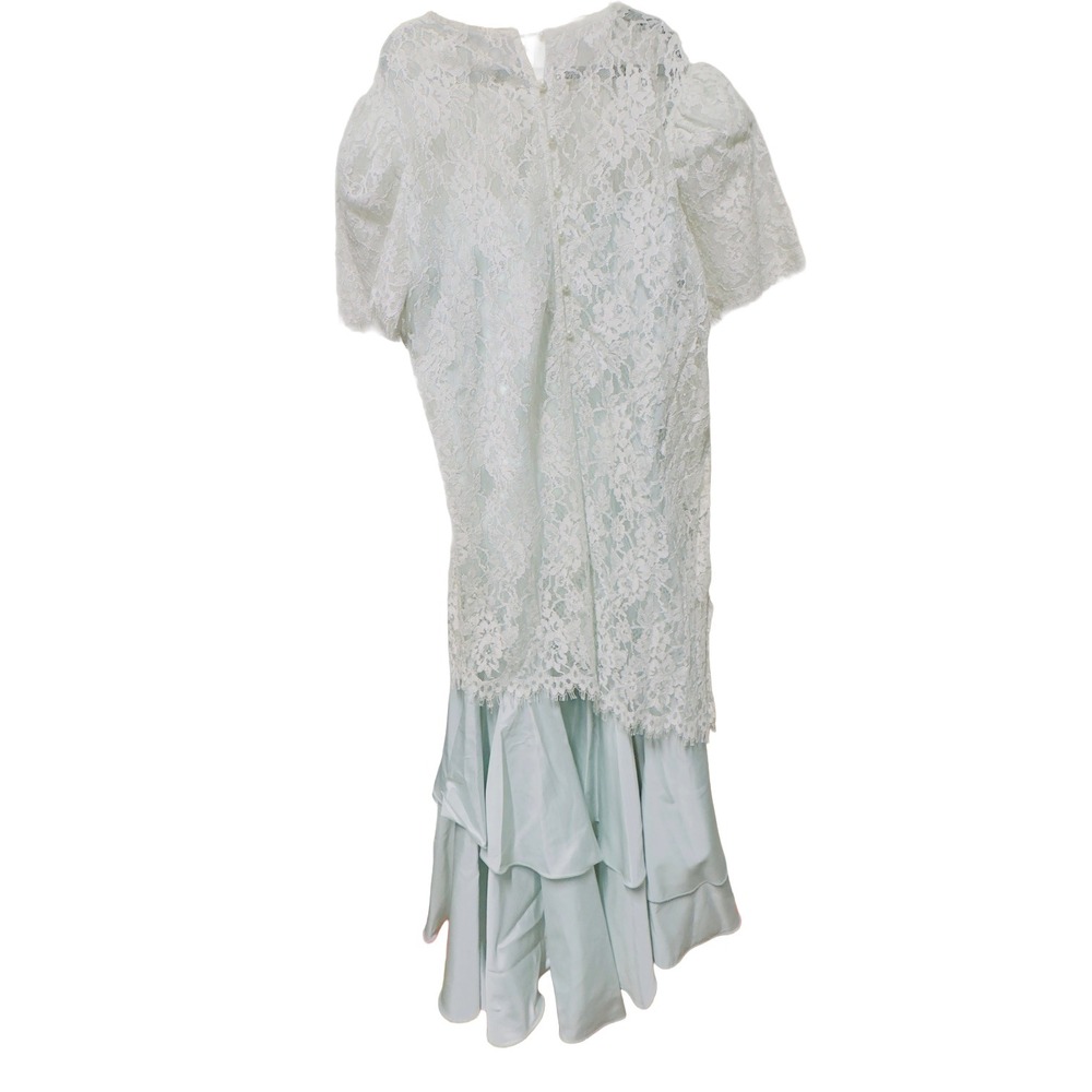 80s Vintage Sage Satin Lace Puff Sleeve Dress Gothic Romantic Prom Midi Puff Med